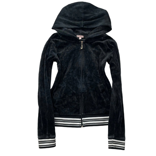 Juicy Couture Womens Black Velour Zip-Up Hoodie Striped Cuffs and Hem Y2k Size S
