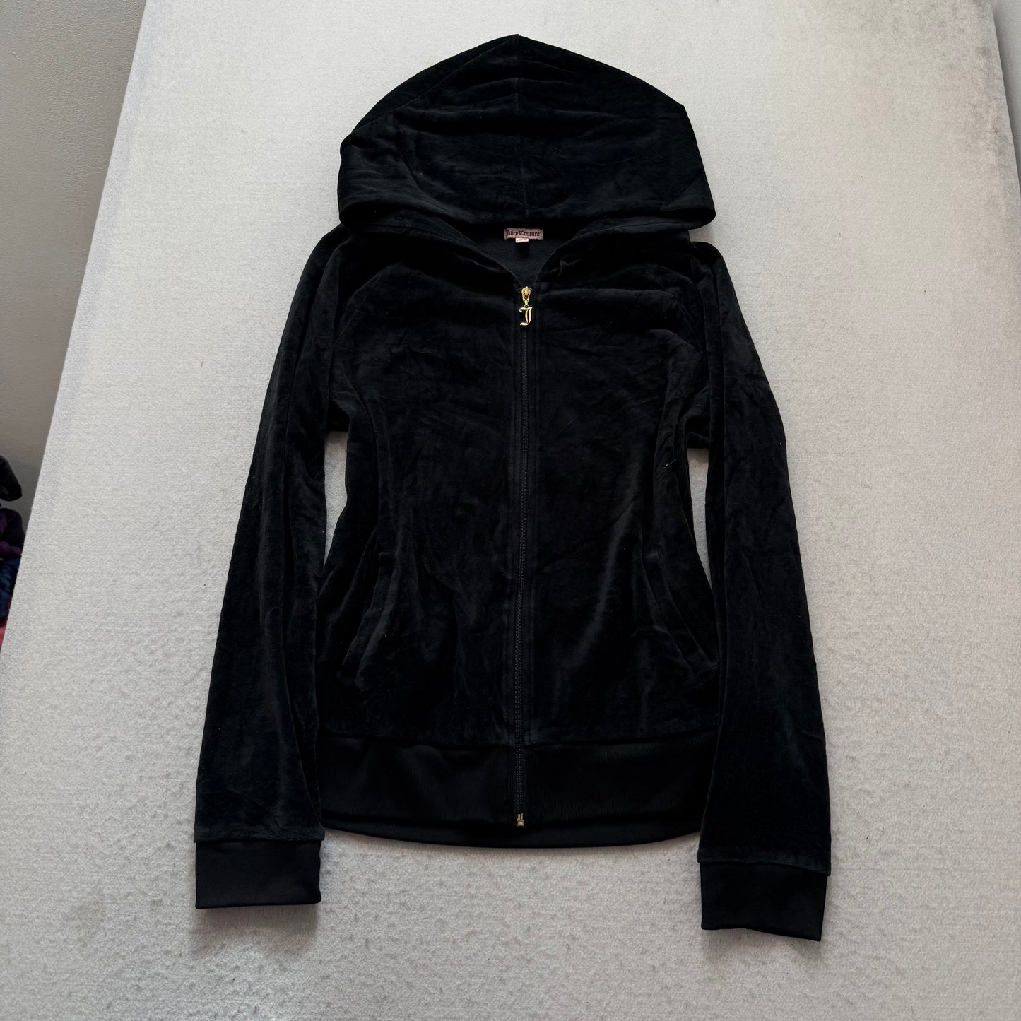 Juicy Couture Womens Black Velour Zip-Up Hoodie Sequin Graphic Crest Logo Size L