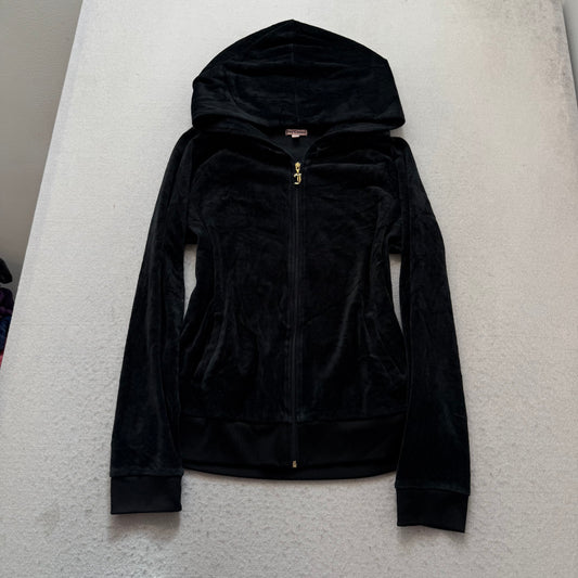Juicy Couture Womens Black Velour Zip-Up Hoodie Sequin Graphic Crest Logo Size L