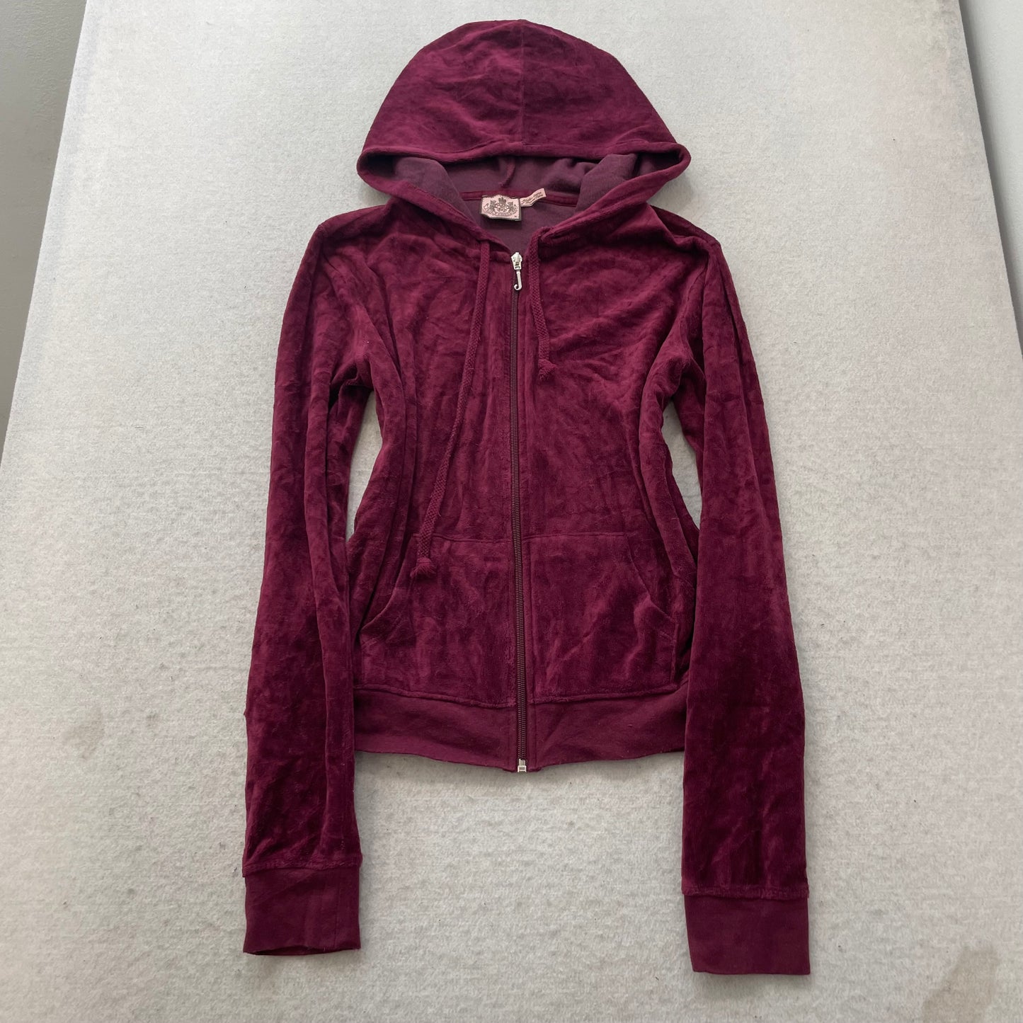 Juicy Couture Womens Maroon Velour Zip-Up Hoodie Butterfly Graphic Pocket Size M