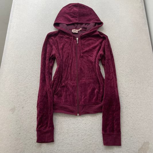 Juicy Couture Womens Maroon Velour Zip-Up Hoodie Butterfly Graphic Pocket Size M