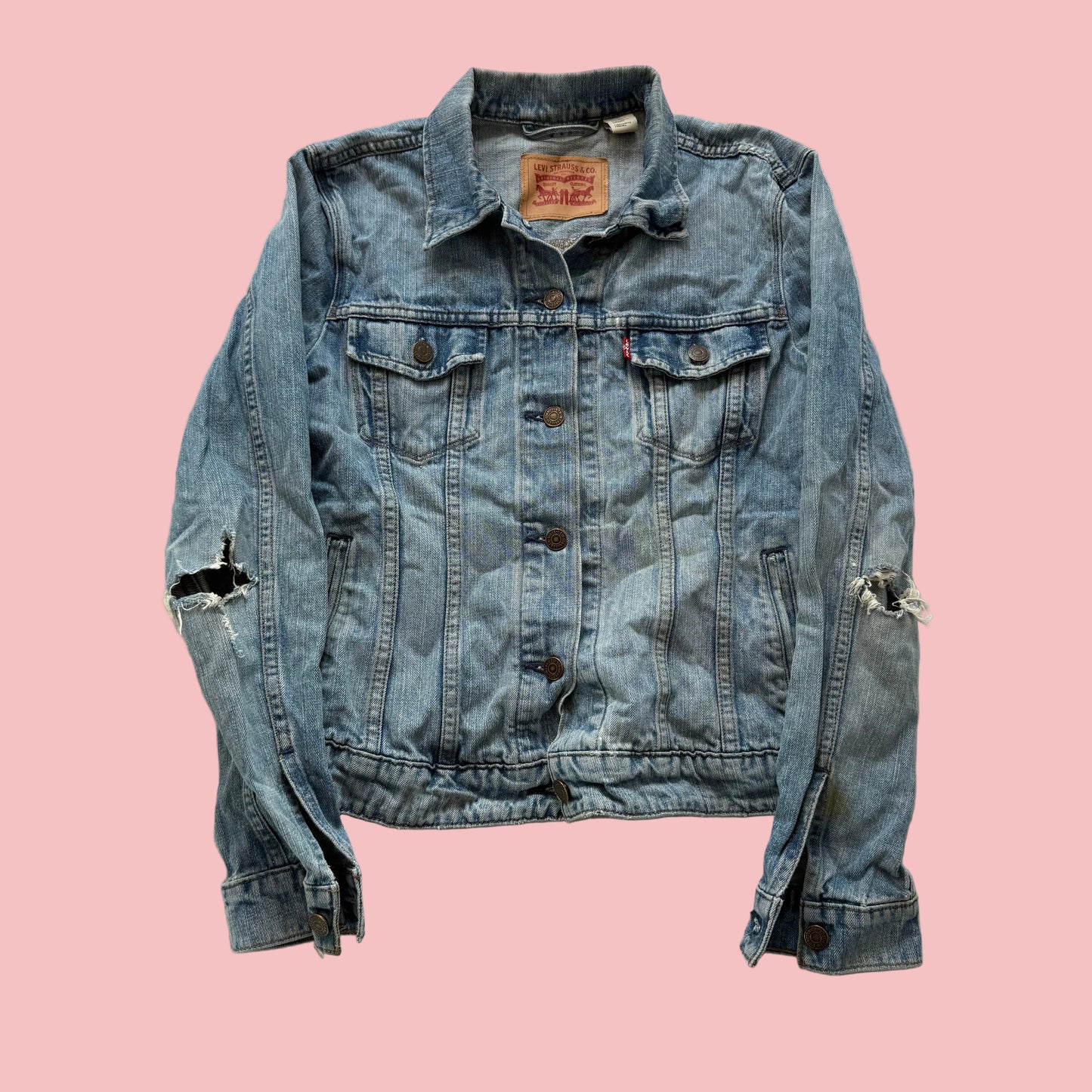 Levi's Women's Light Blue Denim Trucker Jacket Distressed Ripped Sleeves Size M