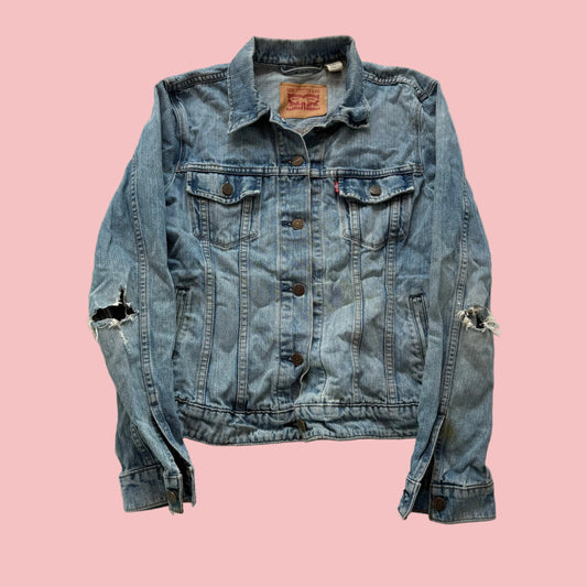 Levi's Women's Light Blue Denim Trucker Jacket Distressed Ripped Sleeves Size M