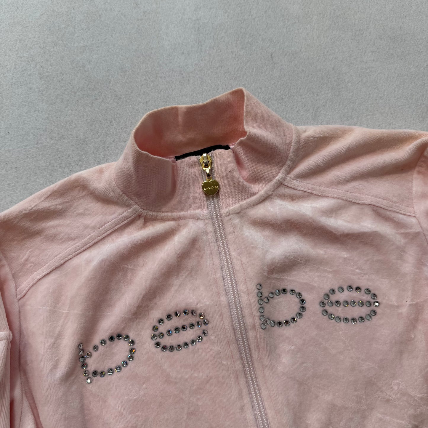 Bebe Women's Pastel Pink Velour Full Zip Track Jacket Rhinestones Logo Size M