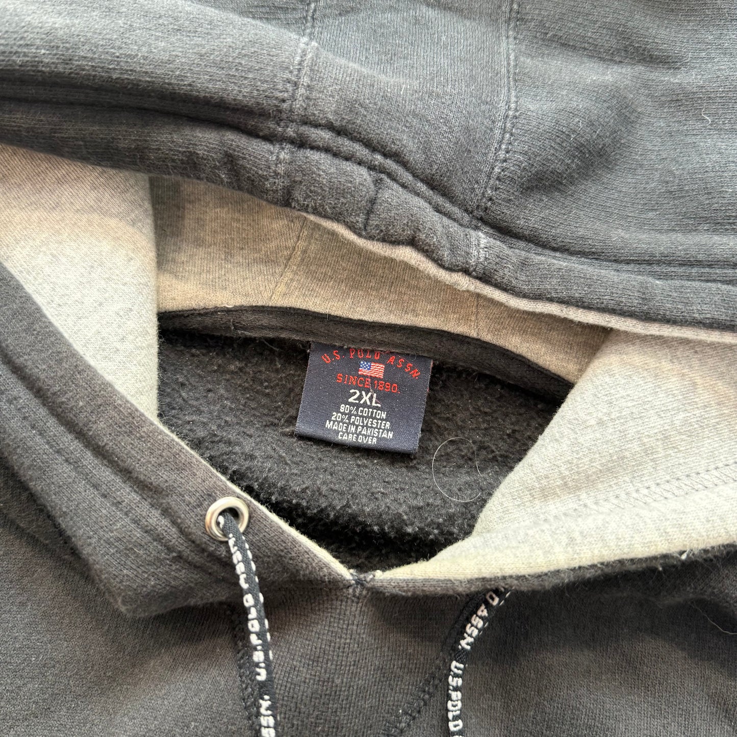 U.S. Polo Assn Men's Faded Black Cotton Pullover Hoodie Kangaroo Pocket Size 2XL