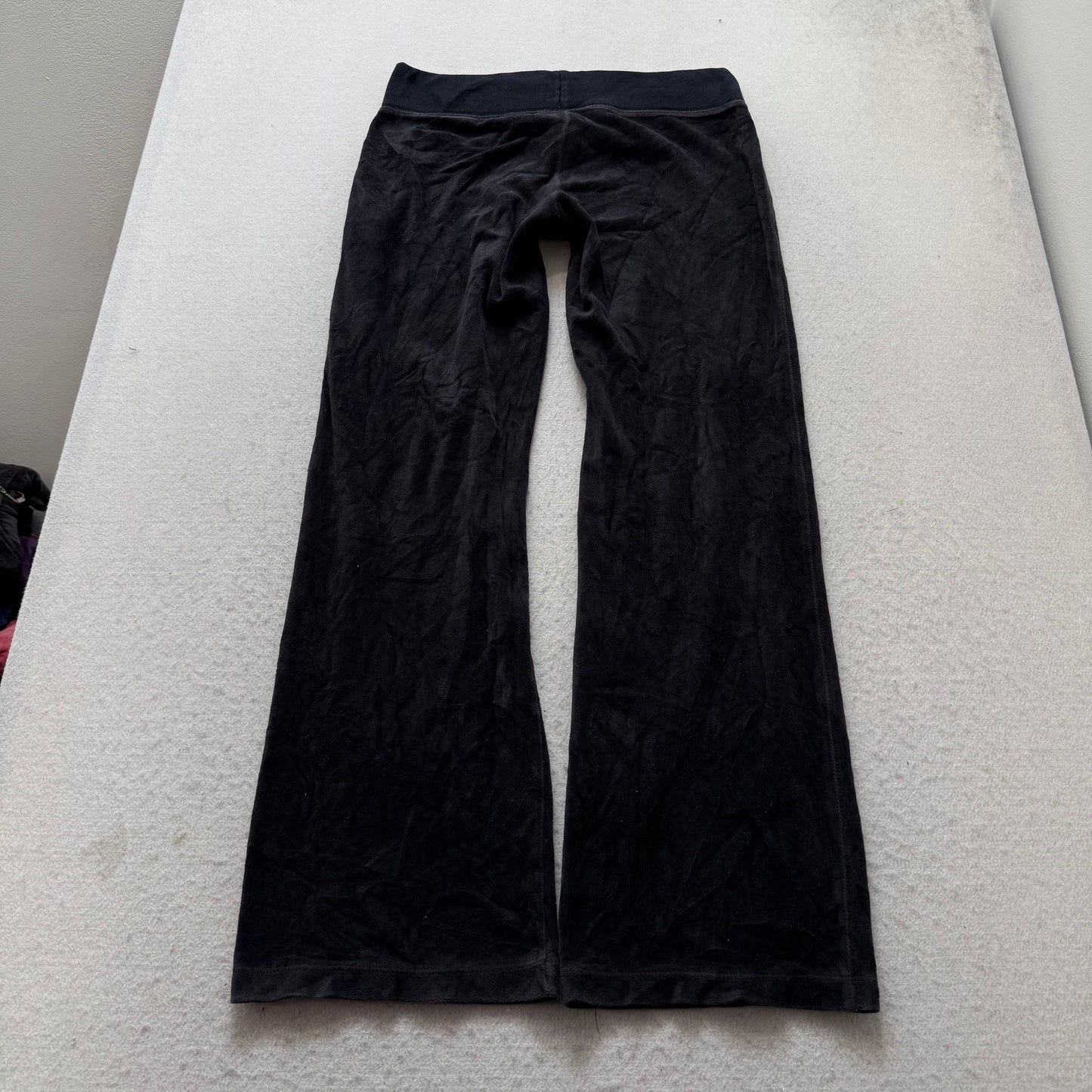 Vintage Juicy Couture Women Black Velour Flare Track Pant Drawstring Logo Size S