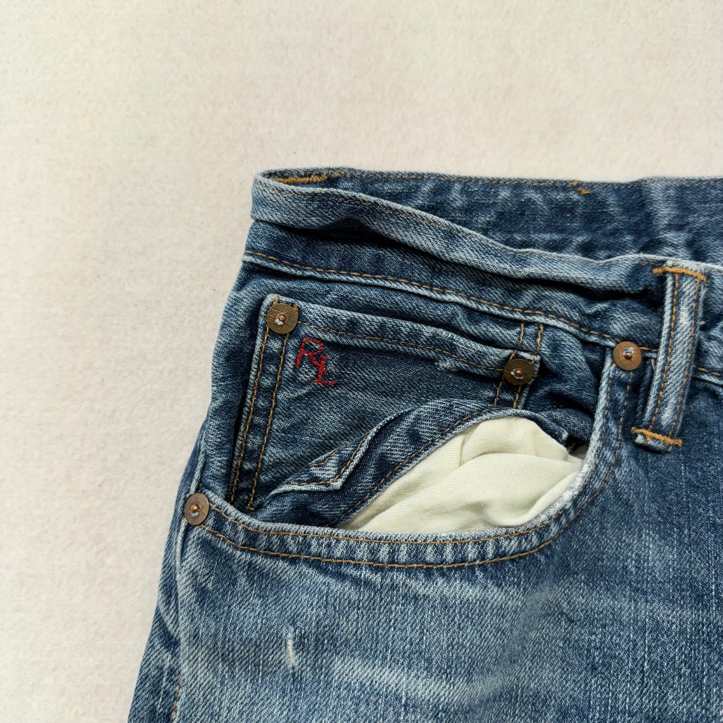 Polo Ralph Lauren Men's Medium Blue Denim Straight Leg Distressed Jeans Size 32