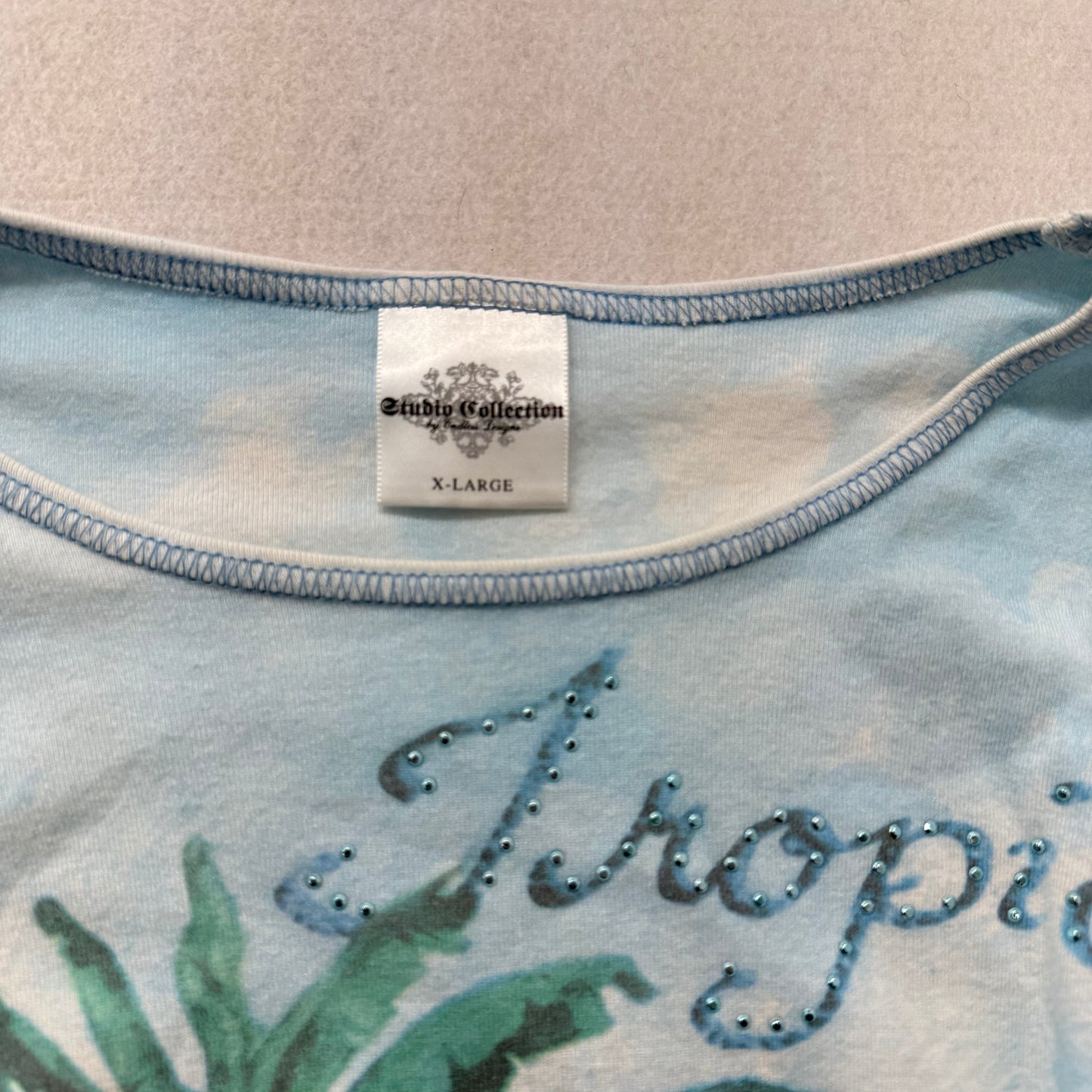 Studio Collection Blue Palm Tree Graphic Rhinestone Long Sleeve Top Size XL