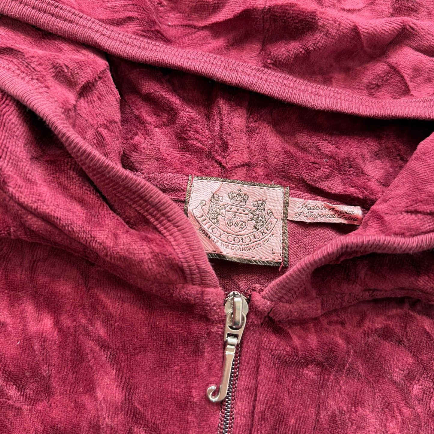 Vintage Juicy Couture Women's Burgundy Velour Zip Up Hoodie Graphic Logo Size L