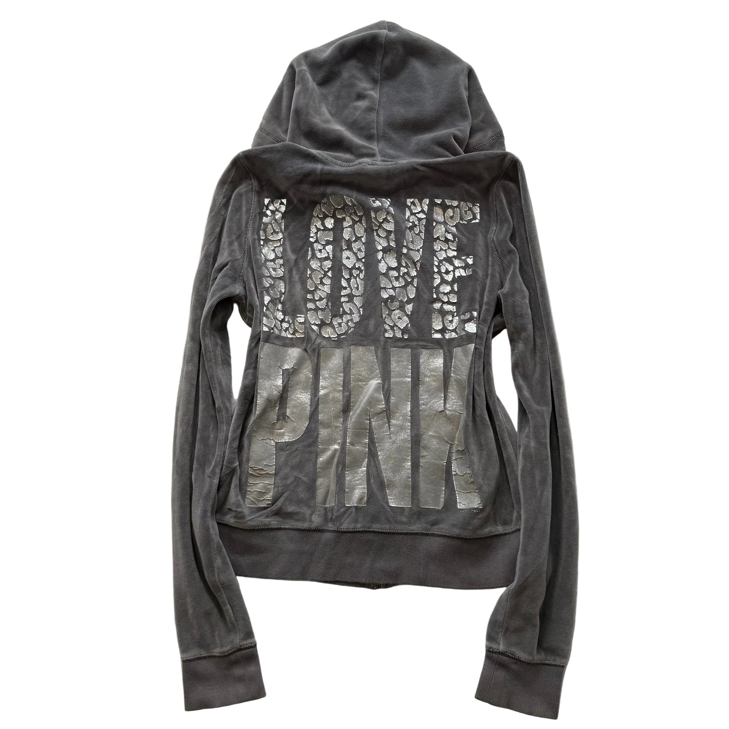 PINK Victoria's Secret Women's Charcoal Velour Zip Up Hoodie Graphic Logo Size L