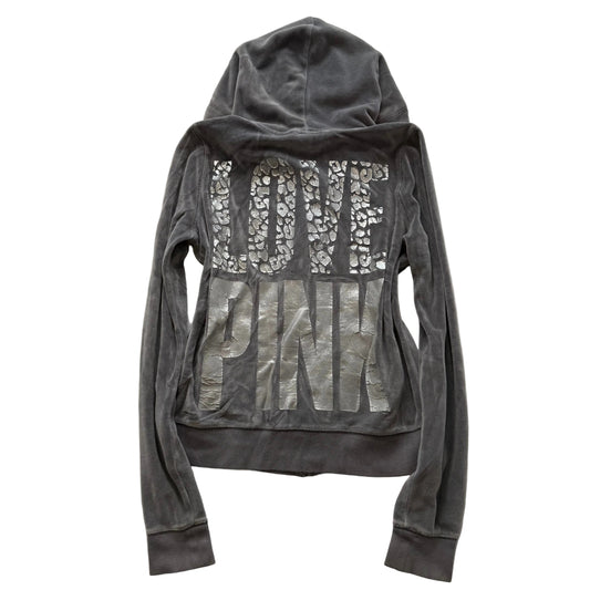 PINK Victoria's Secret Women's Charcoal Velour Zip Up Hoodie Graphic Logo Size L