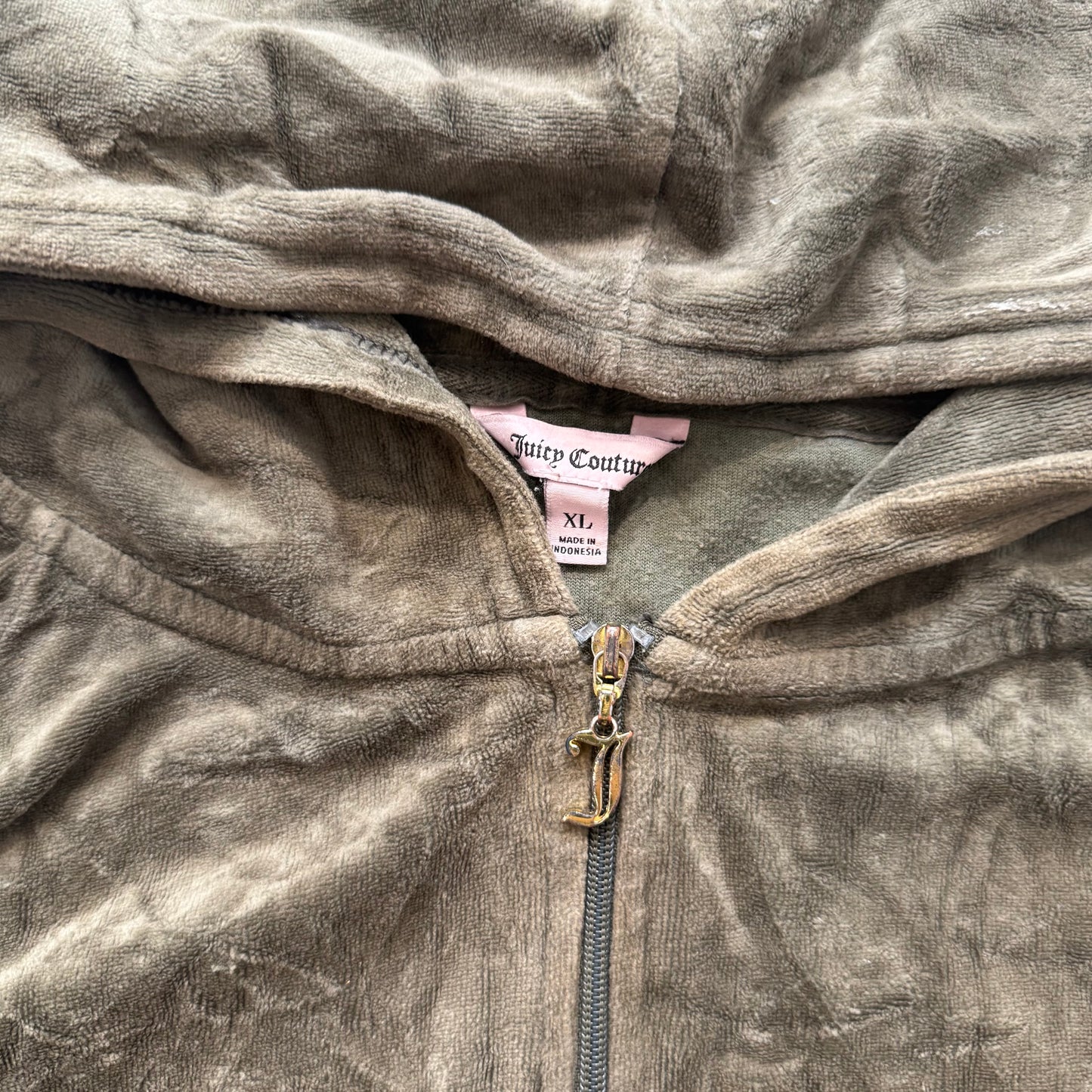 Juicy Couture Women's Olive Green Velour Zip-Up Hoodie Gold Sequins Logo Size XL
