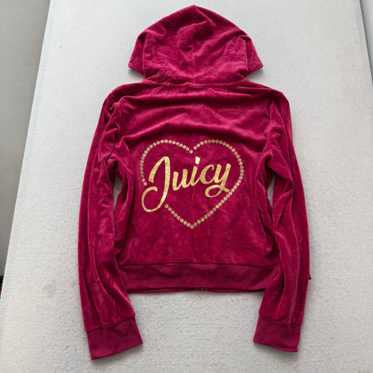 Juicy Couture Women's Dark Fuchsia Velour Zip-Up Hoodie Glitter Logo Y2k Size XL