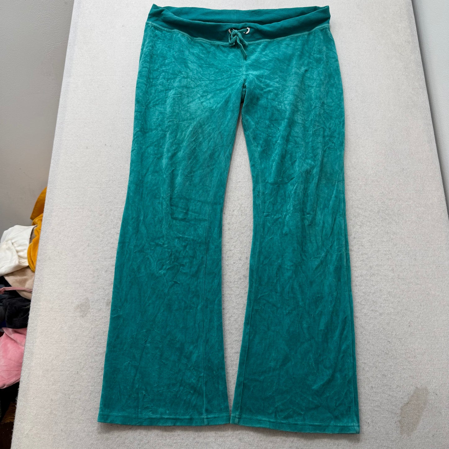 Bebe Women Turquoise Velour Flared Track Pants Rhinestone Logo Loungewear Size L