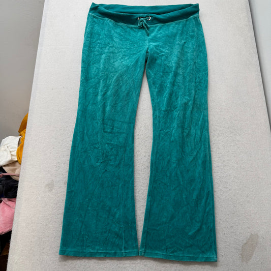 Bebe Women Turquoise Velour Flared Track Pants Rhinestone Logo Loungewear Size L