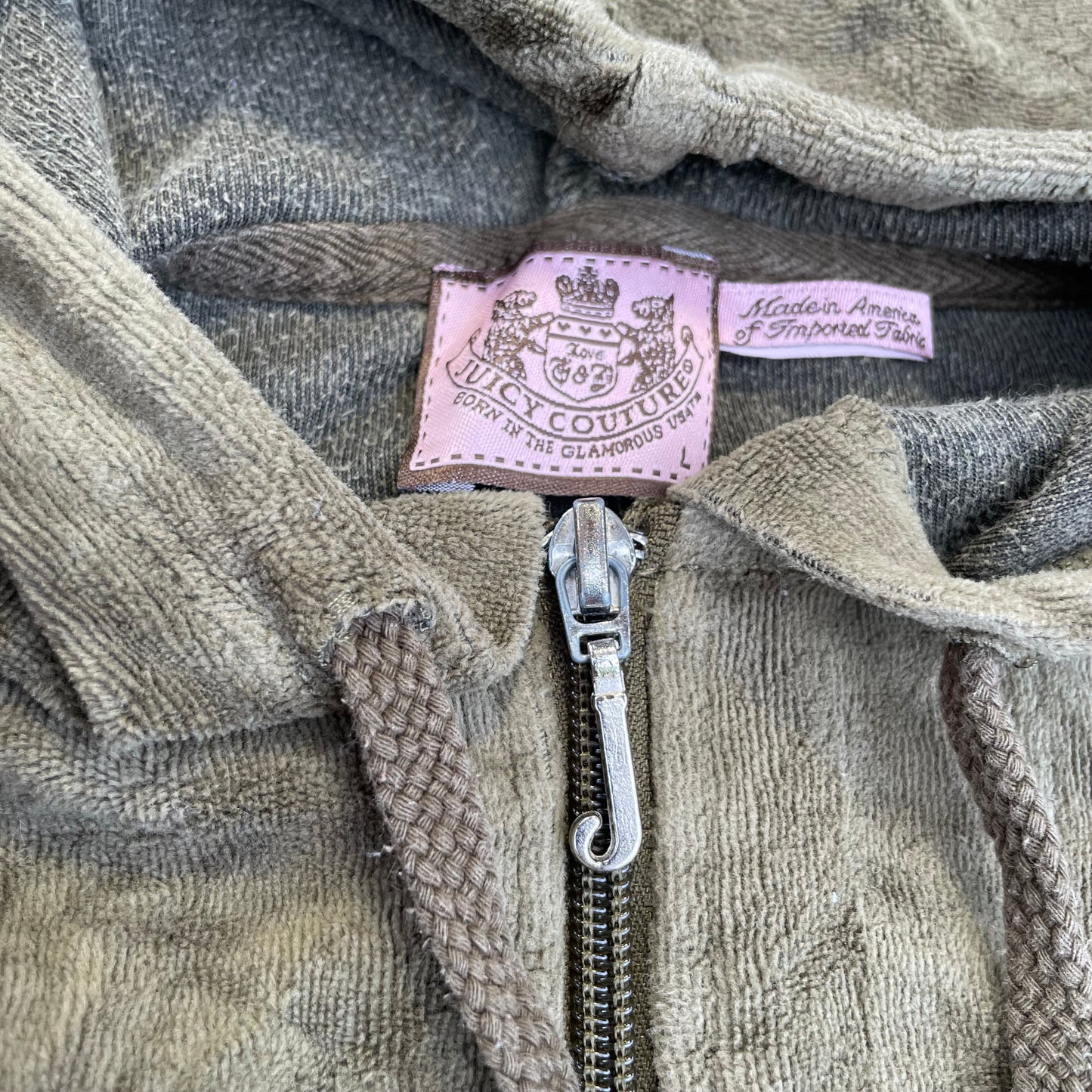 Vintage Juicy Couture Women's Brownish Grey Velour Zip-Up Hoodie Pockets Size L