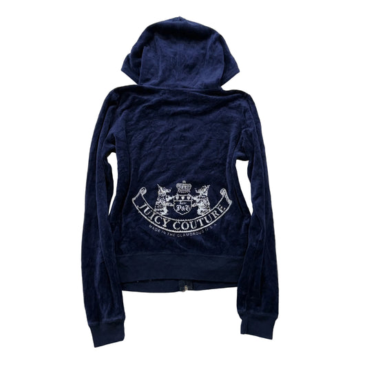 Juicy Couture Women's Navy Velour Full Zip Hoodie Graphic Logo Loungewear Size M