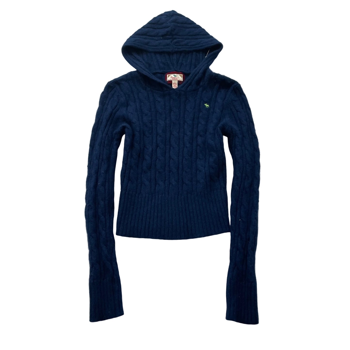 Vintage Abercrombie & Fitch Women's Navy Cable Knit Hoodie Sweater Pullover - L