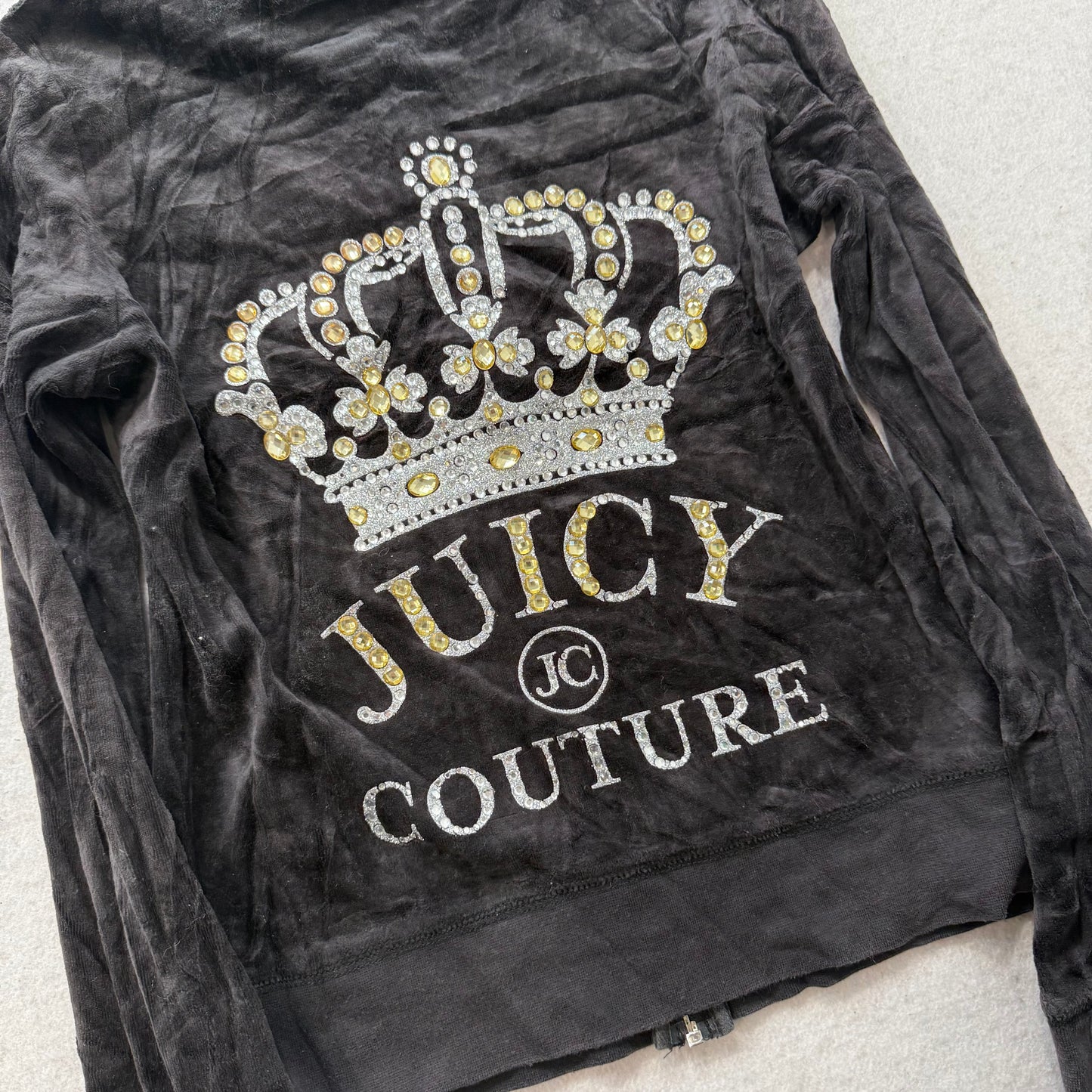 Juicy Couture Faded Black Velour Tracksuit Set Zip Up Hoodie & Flare Pant Size M