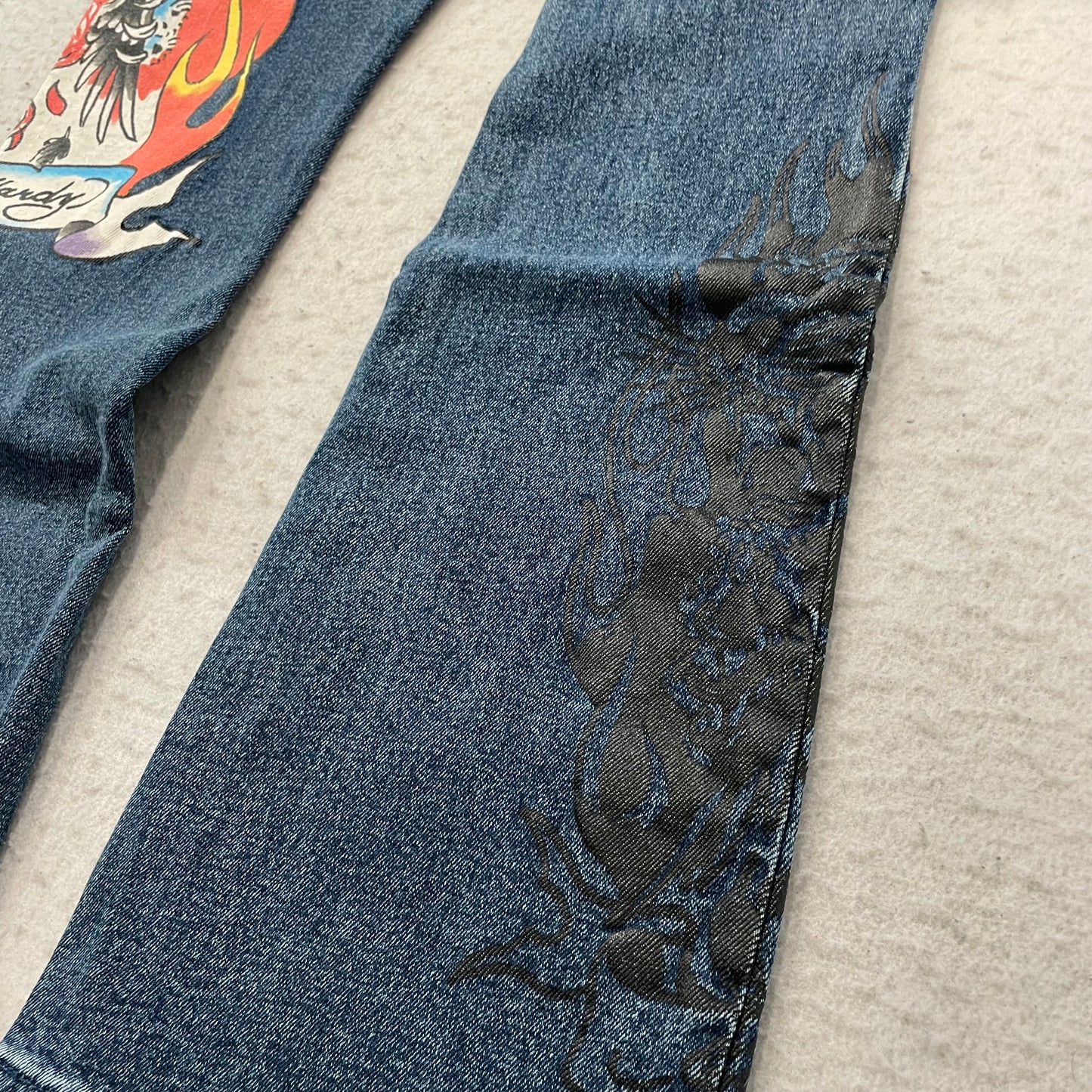 Ed Hardy Women's Blue Tiger Flame Graphic Flare Denim Jeans Y2K Tattoo Print