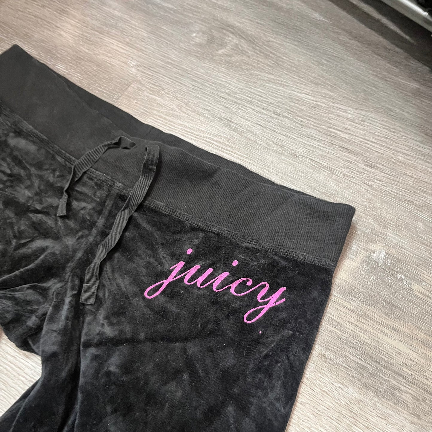 Vintage Juicy Couture Women's Jet Black Velour Wide Leg Track Pant Logo Size L