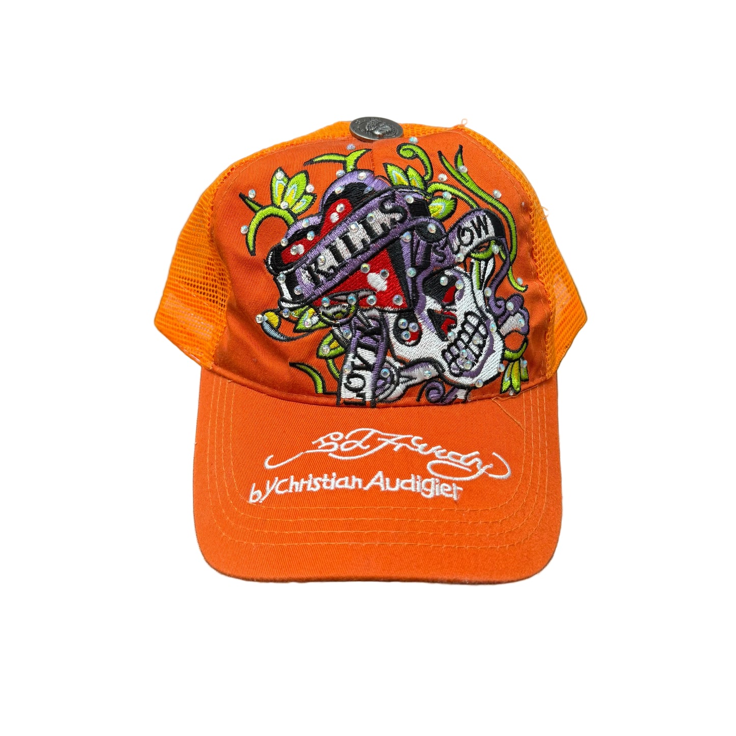 Ed Hardy Christian Audigier Love Kills Slowly Men Orange Embroidered Trucker Hat