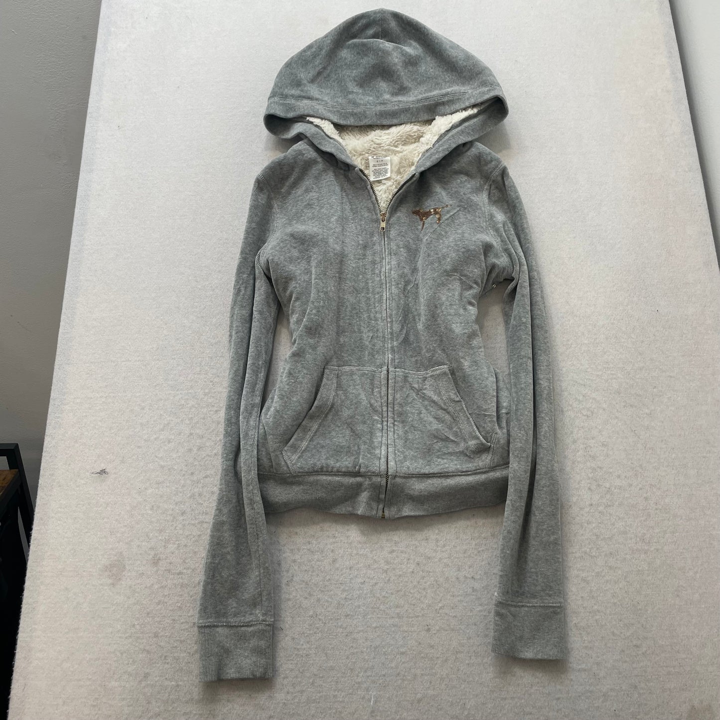 PINK Victoria's Secret Women's Heather Gray Velour Zip Up Hoodie Fur Trim Size S