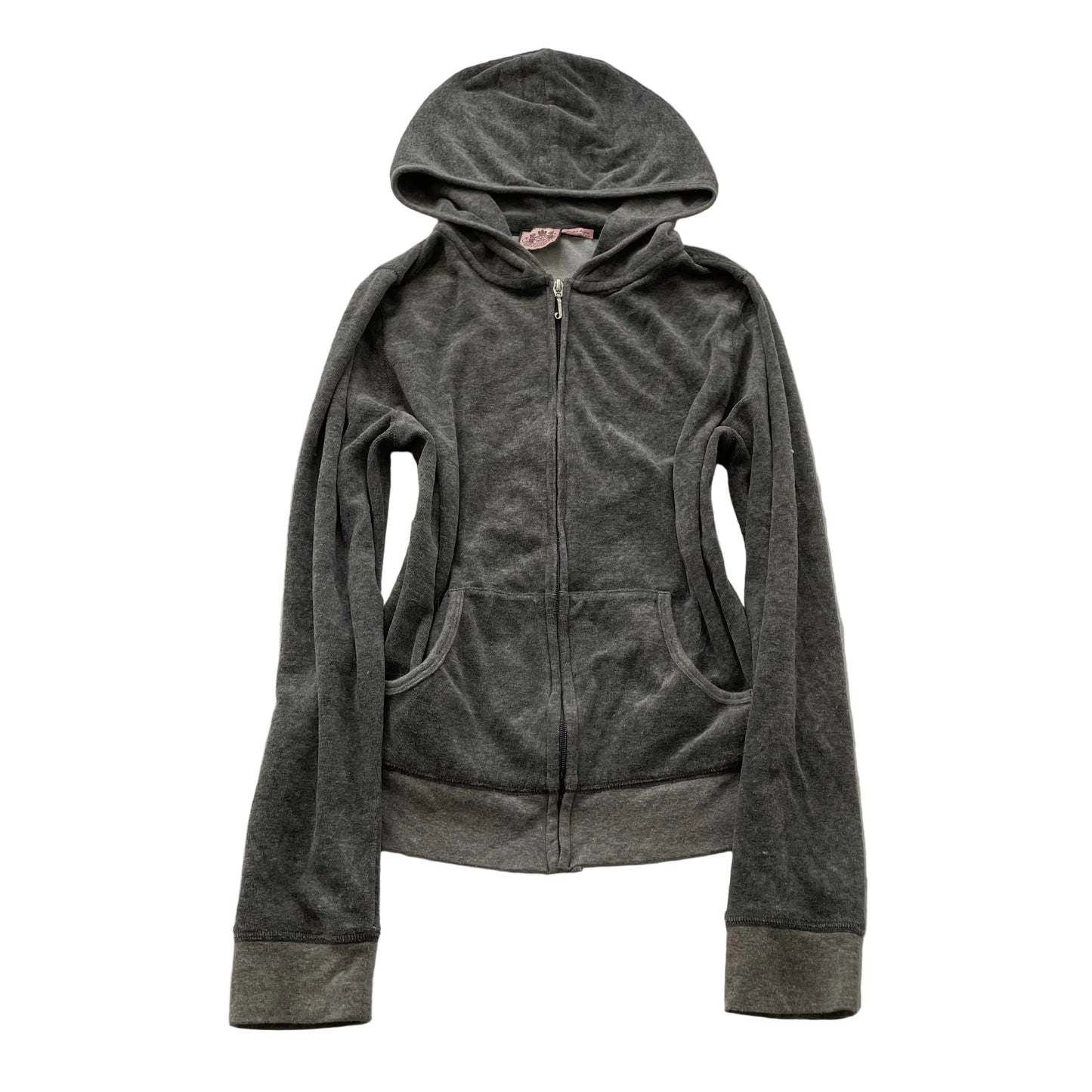 Vintage Juicy Couture Women's Charcoal Grey Velour Zip-Up Hoodie Pockets Size L