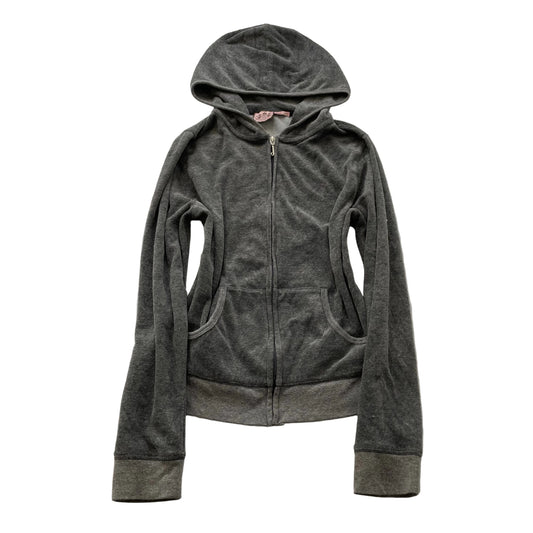 Vintage Juicy Couture Women's Charcoal Grey Velour Zip-Up Hoodie Pockets Size L