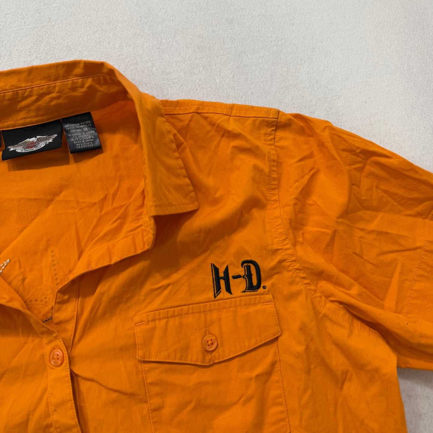 Harley-Davidson Women's Orange Cotton Blend Button-Up Shirt Short Sleeves Size L