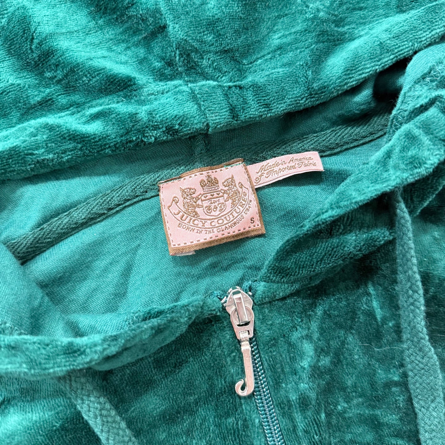 Vintage Juicy Couture Womens Dark Green Velour Zip Up Hoodie Graphic Logo Size S