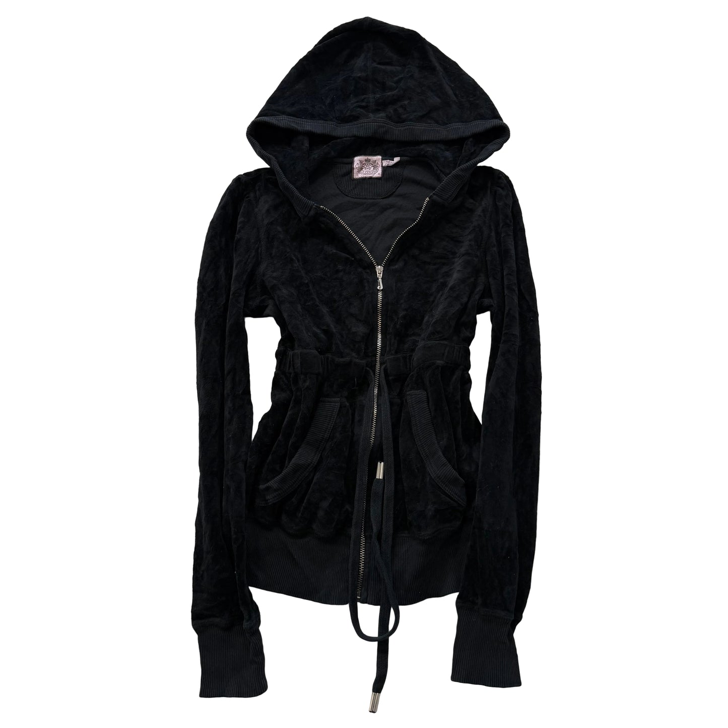 Juicy Couture Women's Black Velour Zip-Up Hoodie Drawstring Waist Pockets Size M