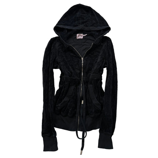 Juicy Couture Women's Black Velour Zip-Up Hoodie Drawstring Waist Pockets Size M