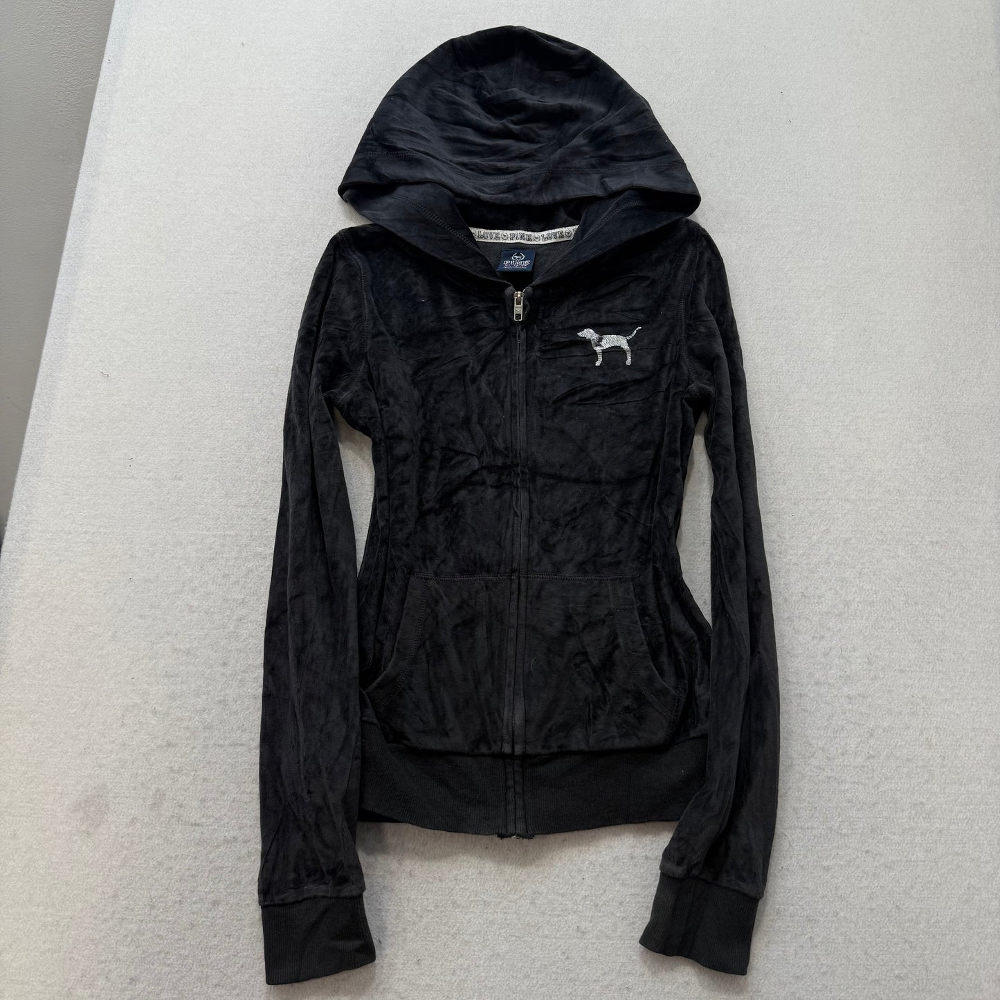 PINK Victoria's Secret Women Charcoal Gray Zip Up Hoodie Rhinestone Logo Size XS