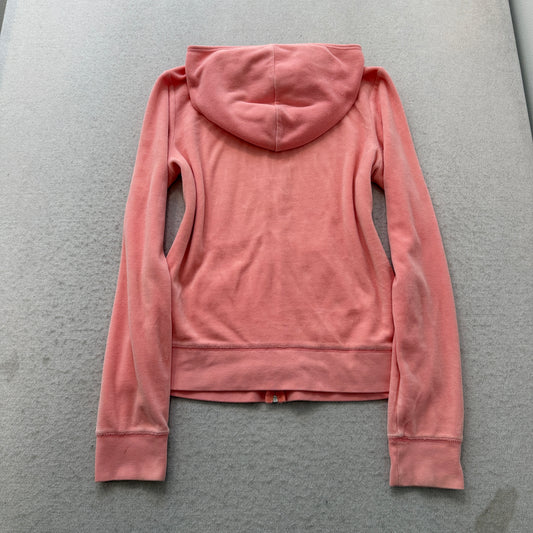 Juicy Couture Women's Coral Pink Velour Zip-Up Hoodie Pockets Casual Logo Size L