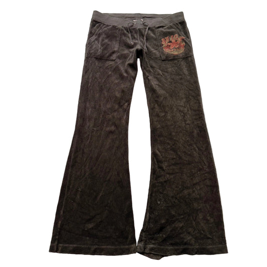 Juicy Couture Women's Brown Terrycloth Flared Track Pant Snap Pocket Logo Size M