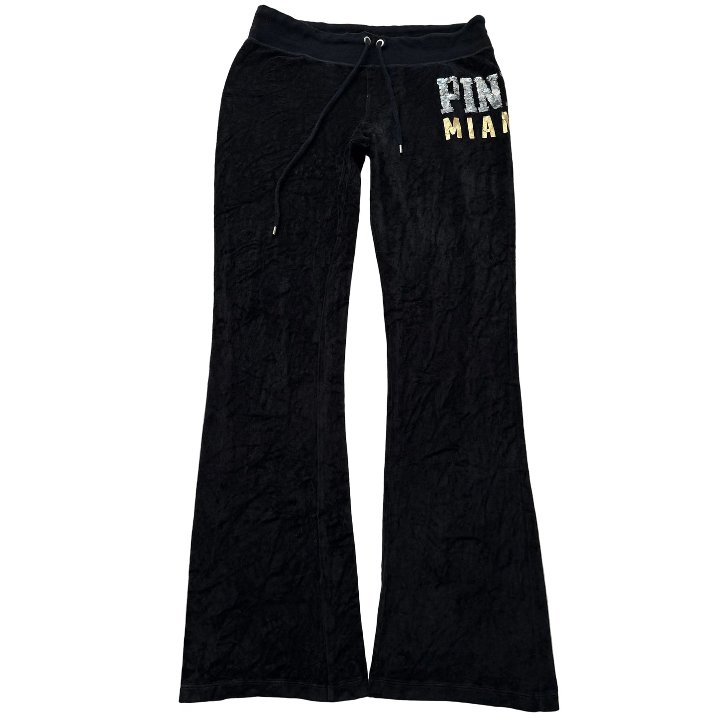 PINK Victoria’s Secret Womens Black Velour Flared Track Pant Sequins Logo Size L