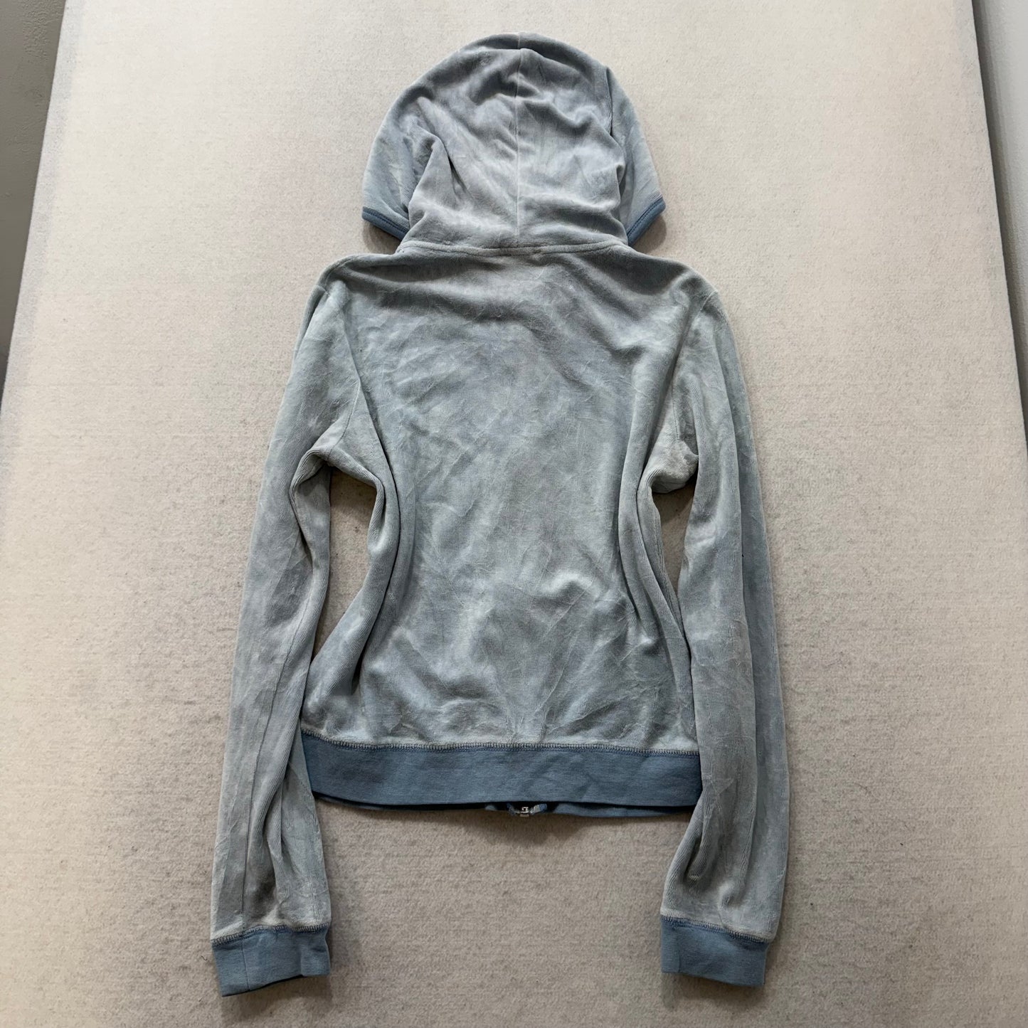 Vintage Juicy Couture Women's Dusty Blue Velour Zip Up Hoodie Pockets Size L