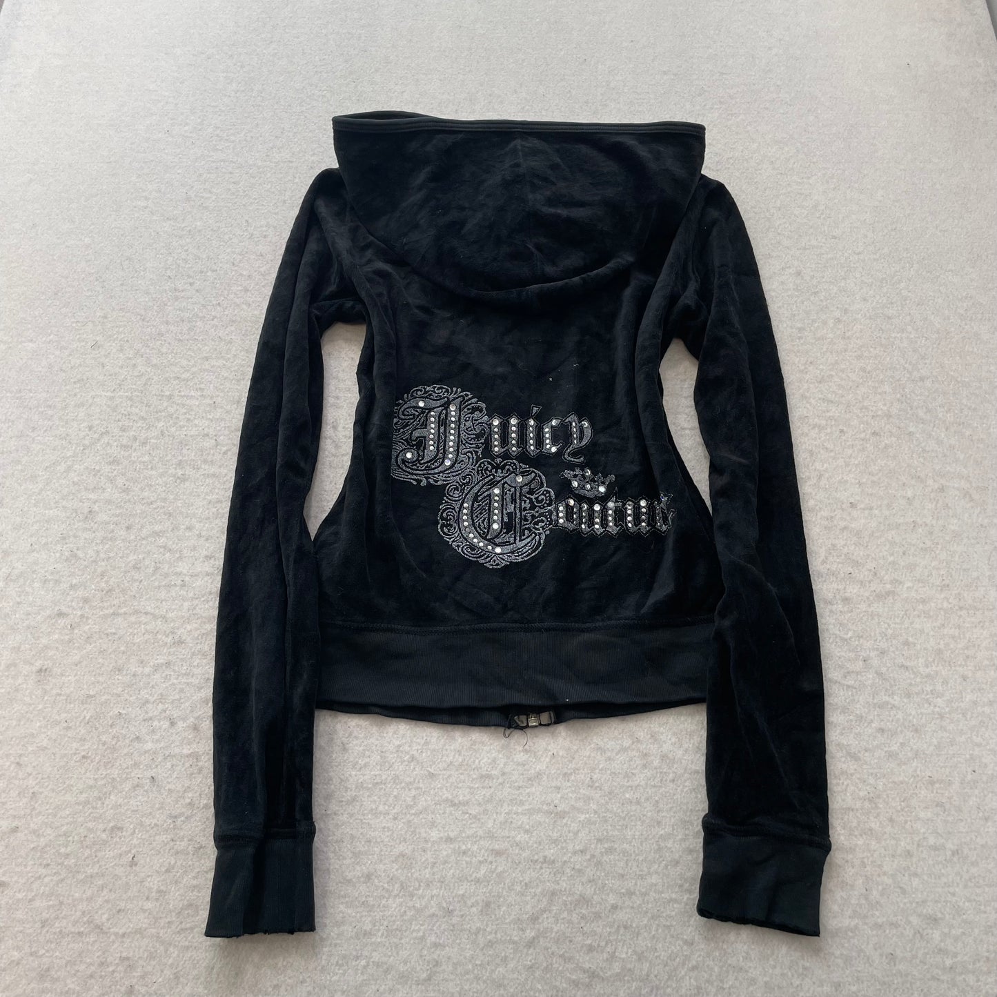 Vintage Juicy Couture Women's Black Velour Zip-Up Hoodie Embroidered Logo Size S