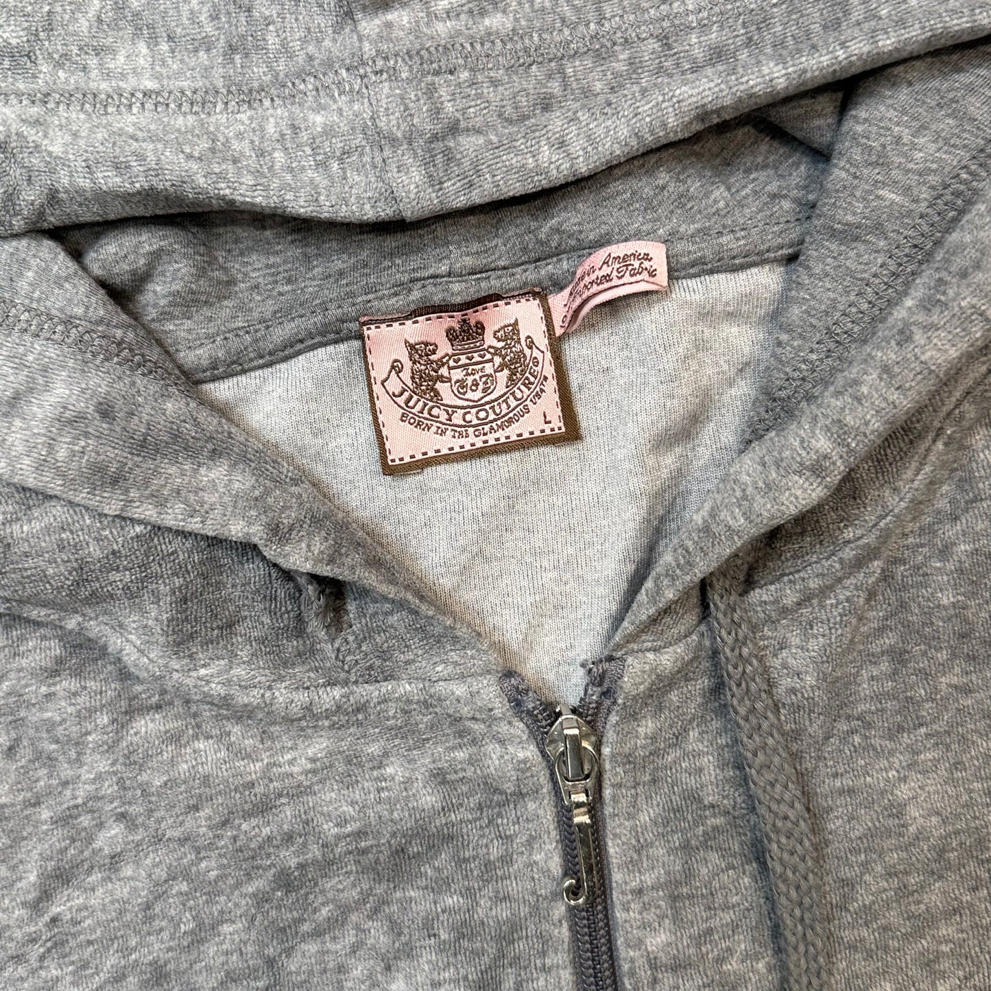 Vintage Juicy Couture Women's Gray Velour Zip-Up Hoodie Drawstring Pocket Size L