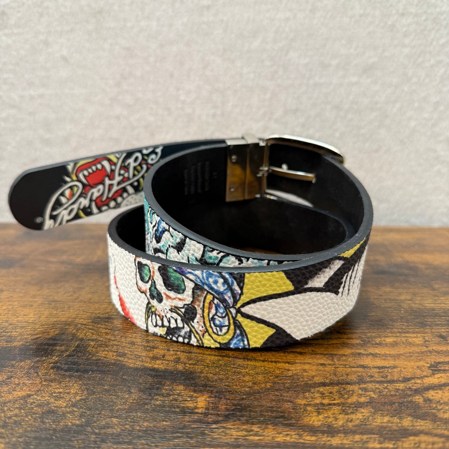 Ed Hardy Skull Unisex Black Tattoo Graphic Print Leather Reversible Belt Size 32