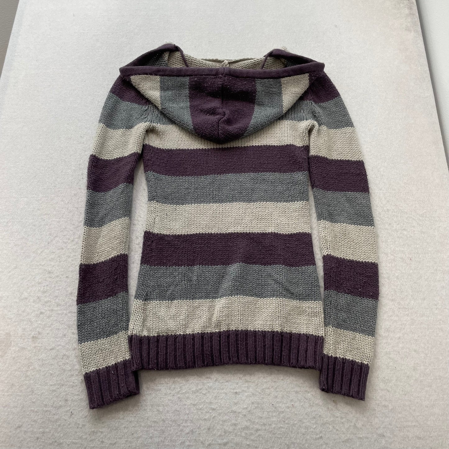 Arizona Jean Co Women's Purple Gray Striped Knit V-Neck Hooded Sweater Size S