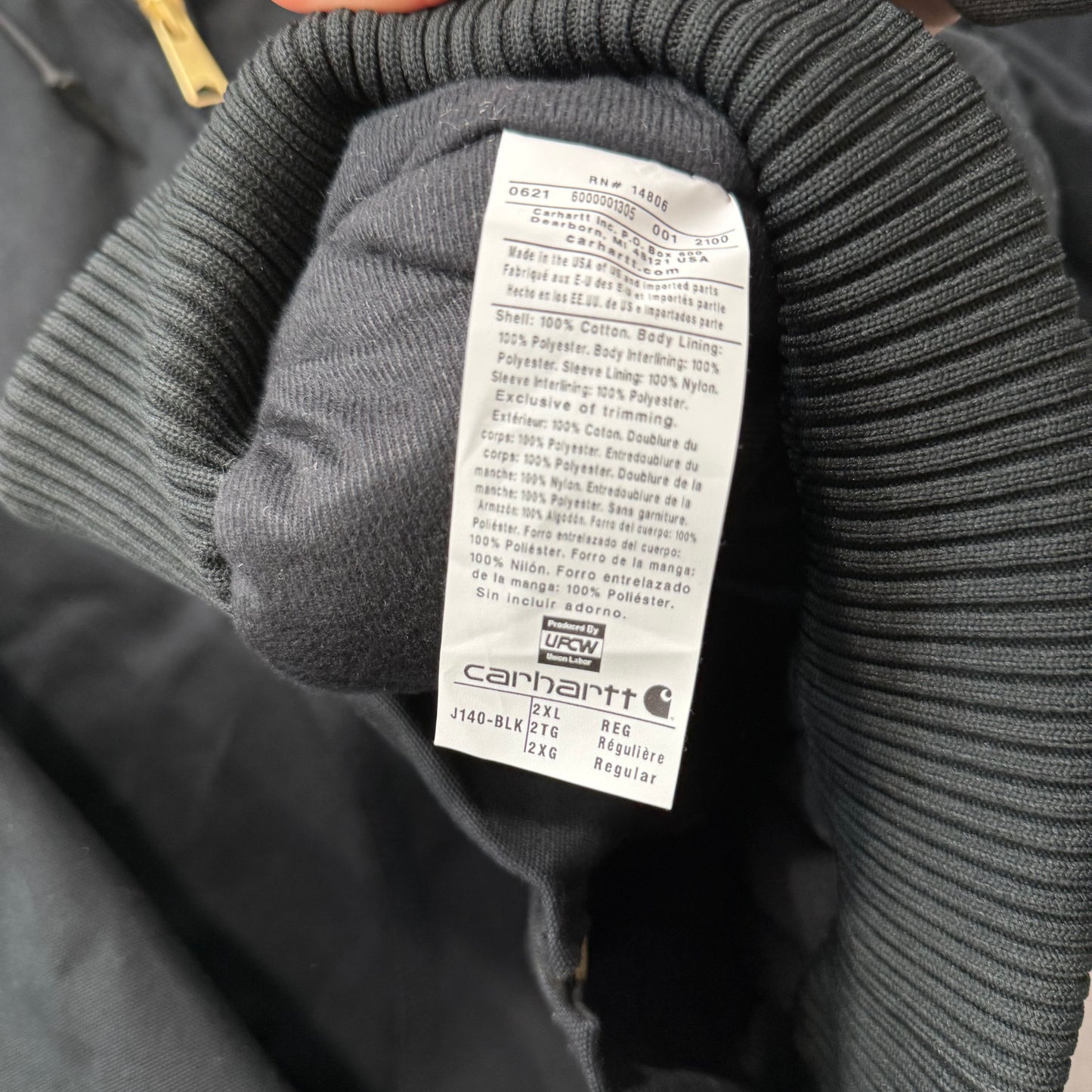 Carhartt Men's Black Cotton Full Zip Active Jacket Rib-Knit Cuffs & Hem Size 2XL