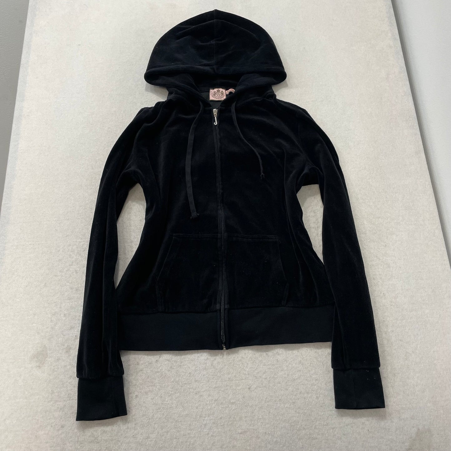 Juicy Couture Women's Jet Black Velour Full Zip Hoodie Graphic Logo Y2K Size XL