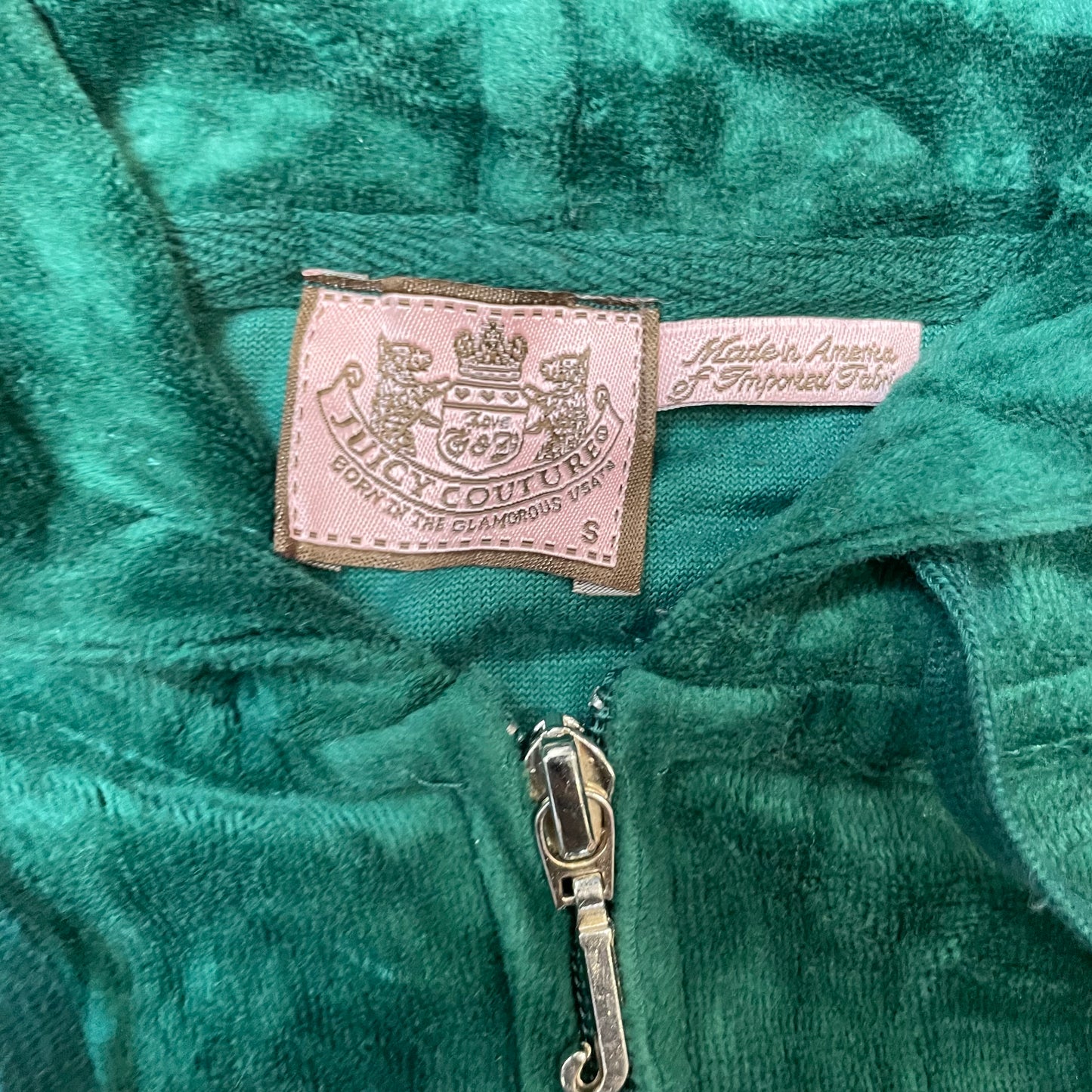 Vintage Juicy Couture Women's Dark Green Velour Zip-Up Hoodie Drawstring Size S