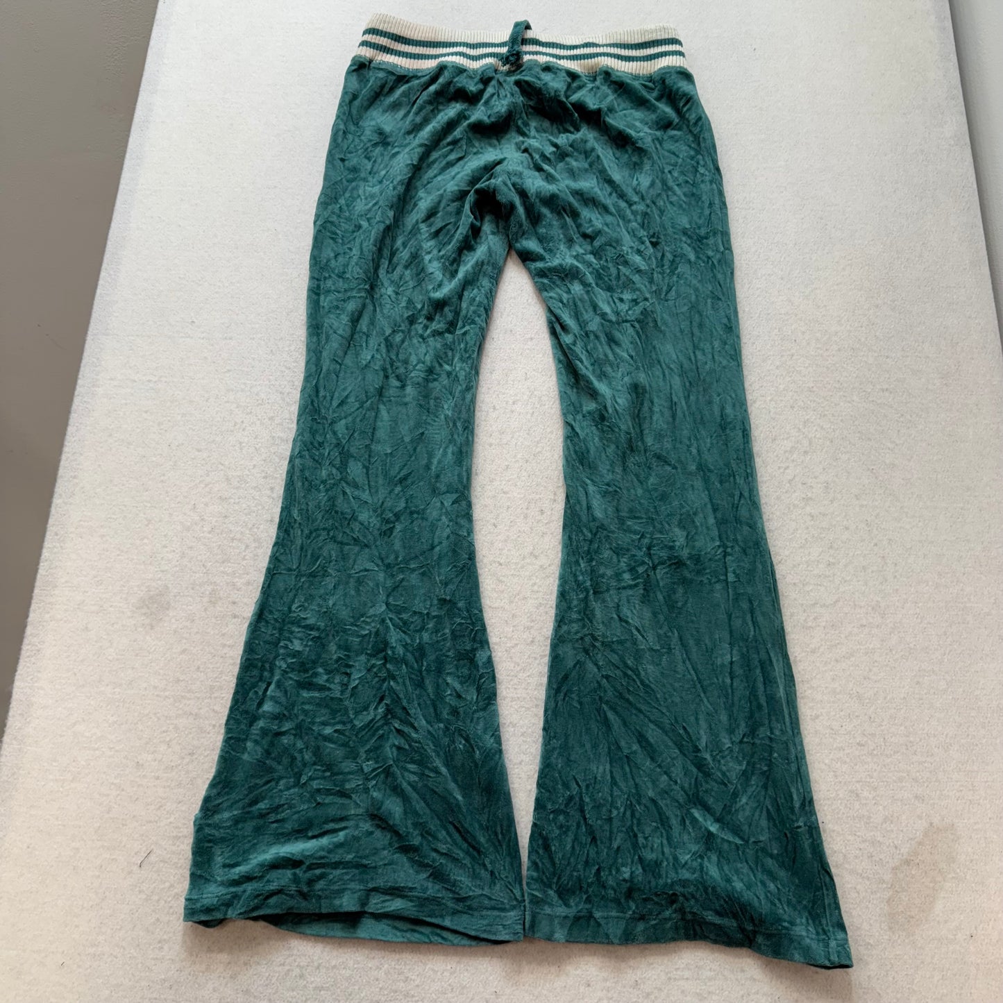 Juicy Couture Women's Green Velour Flare Track Pants Striped Waist Casual Size M