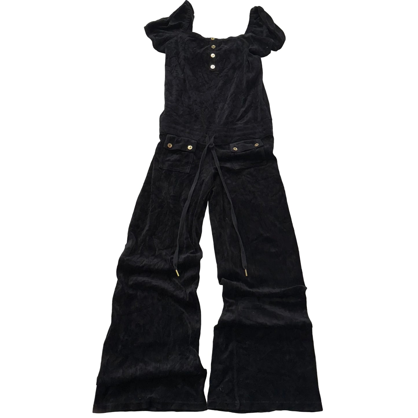 Juicy Couture Women's Black Velour Wide Leg Jumpsuit Buttons Drawstring Size M