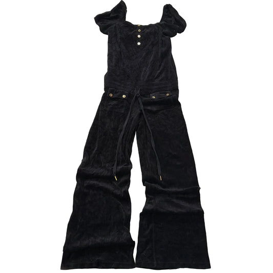 Juicy Couture Women's Black Velour Wide Leg Jumpsuit Buttons Drawstring Size M