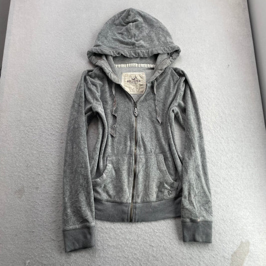 Hollister Women's Gray Velour Zip-Up Hoodie Drawstring Pockets Loungewear Size L