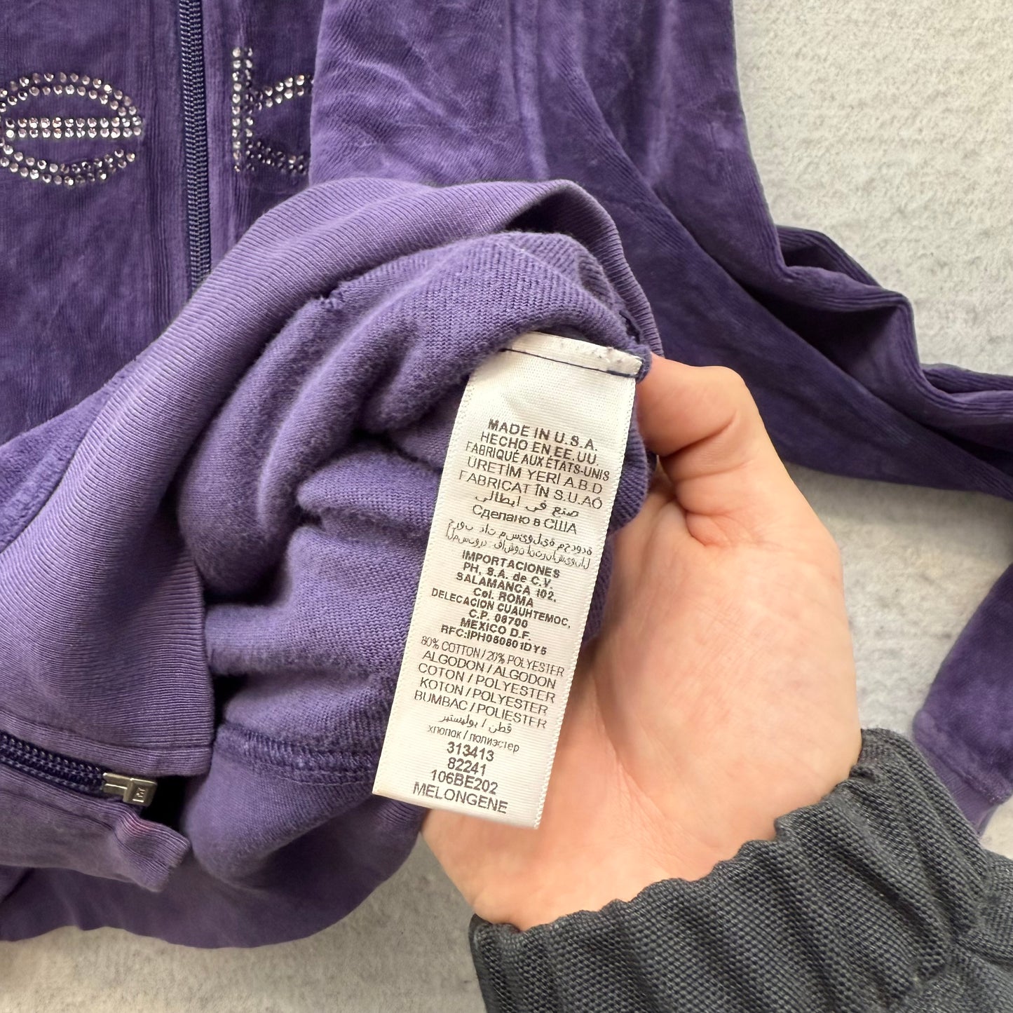 Bebe Women's Deep Purple Velour Zip-Up Hoodie Rhinestone Logo Made in USA Size L